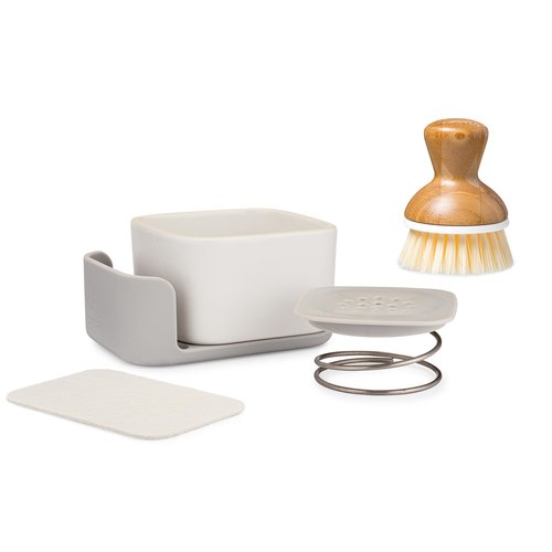 Full Circle Bubble Up Combo – Family Safe, Formaldehyde-Free – Gray Ceramic Soap Dish with Plant-Based Sponge & Bamboo Dish Brush – Versatile Kitchen Scrub Brush Set for Pots, Pans, Counter & Ovens