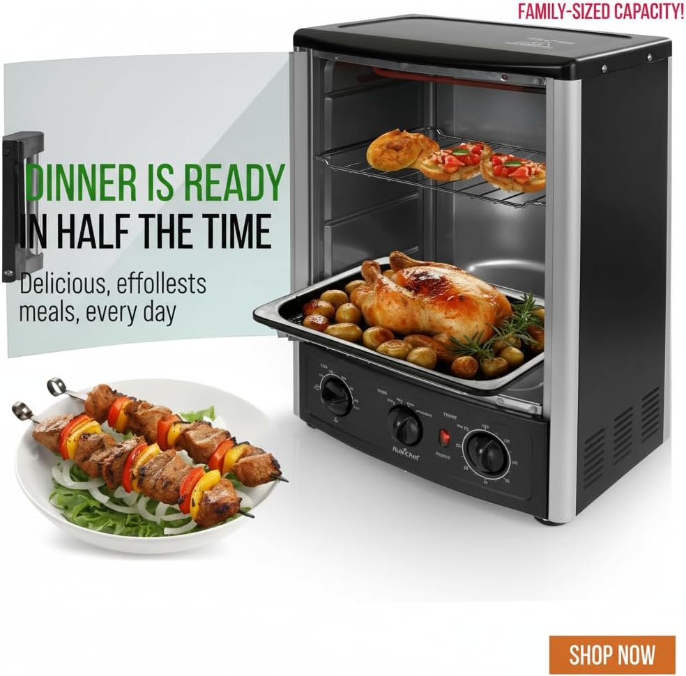 NutriChef Multi-Function Rotisserie Countertop Oven | 24 Quart Vertical Glass Door Convection Oven, for Rotisserie Roasting & Broiling | Timer & Temperature Control | 13.4 x 12.2 x 18.9