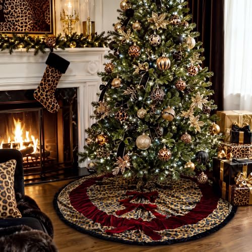Leopard Print Christmas Tree Skirt 40 Inch Burgundy Velvet Holiday Decor