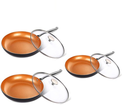 MICHELANGELO Copper Frying Pan Set with Lid, 8" & 10" +12'' Frying Pan Set
