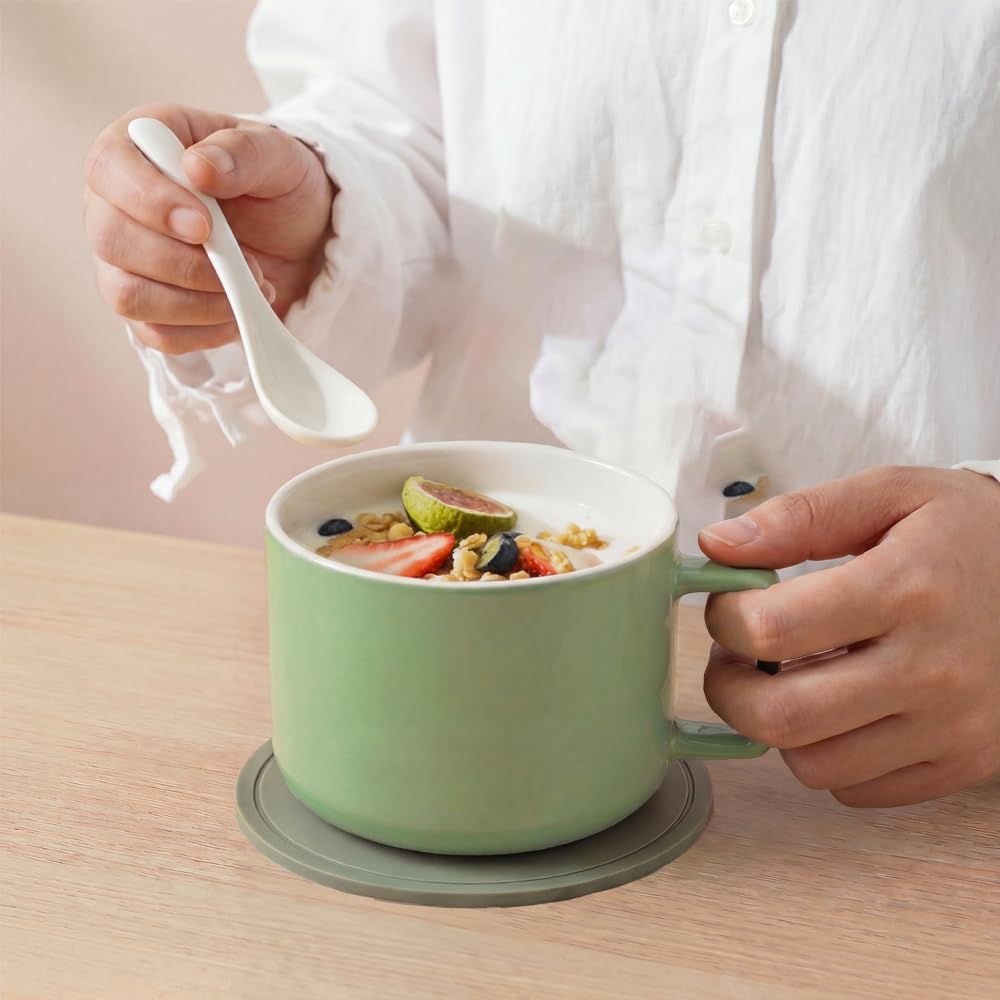 Presva Ceramic Soup Bowls with Handles & Lids, Set of 2 with Spoons & Trivets, 30oz Large Soup Mugs, Oven Safe Bowls for Soup, Ramen, Oatmeal & Cereal, Microwave & Dishwasher Safe, Green