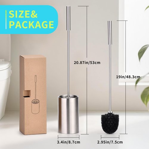 TUUGOTOUU Toilet Bowl Brush and Holder Solid Long Handle Toilet Brush for Bathroom with Heavy Duty 304 Stainless Steel Base and 2 Brush Heads for Domestic Deep Cleaning Under Rims (Silver 1)