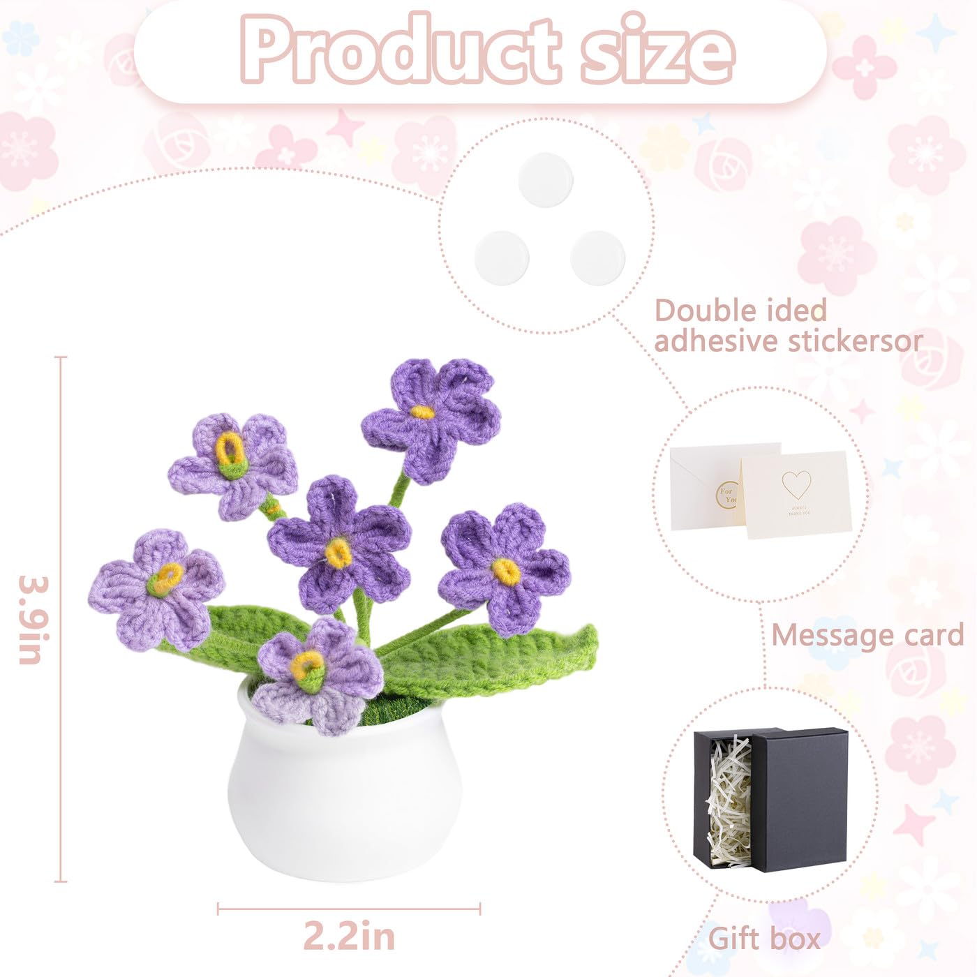 LAIDANLA Crochet Flowers Forget Me Not, Mini Gradient Purple Crochet Flower Potted Plant for Desk, Handmade Anniversary Birthday Graduation Gifts for Women Teacher Mom Friend