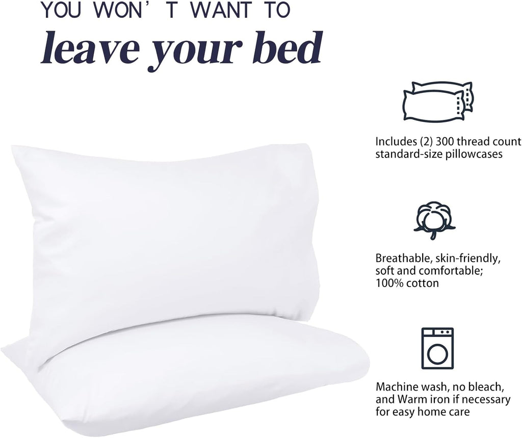 Nuzzle Pillow Cases | Standard Size 100% Cotton Pillow Covers - Soft, Breathable 300 Thread Count, White 20 x 26 Inches