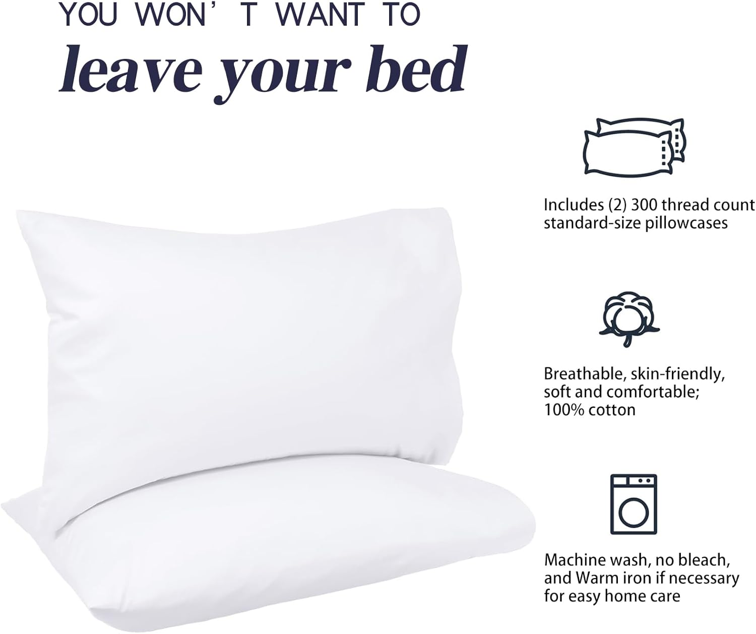 Nuzzle Pillow Cases | Standard Size 100% Cotton Pillow Covers - Soft, Breathable 300 Thread Count, White 20 x 26 Inches
