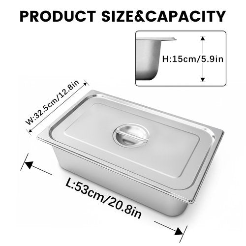 Hotel Pans Deep Steam Table Full Size Pan Set, Steam Table Pans with Lids, Stainless Steel Commercial Food Storage Containers Stackable Metal Steamer Pan(6" Deep 6 Pack, 1/1 Size)