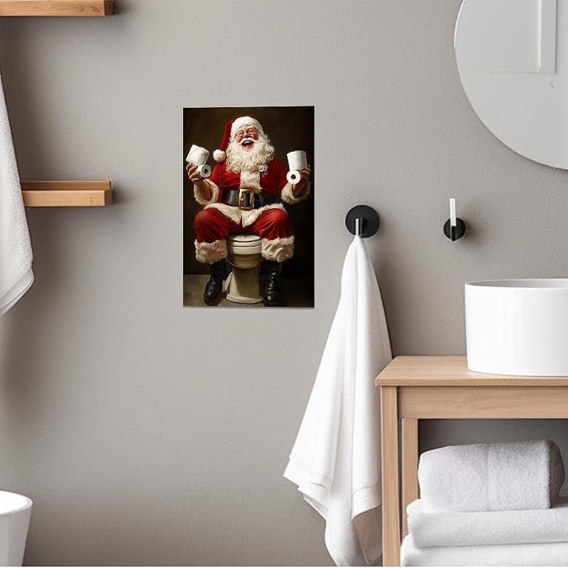 Doartdo Santa on Toilet Christmas Bathroom Wall Art - 16 x 24 Black Framed Canvas