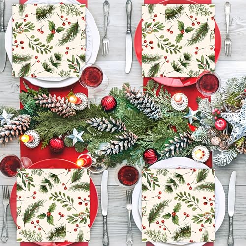 100PCS Christmas Holly Cocktail Napkins 5x5 Inches Disposable Holiday Tableware