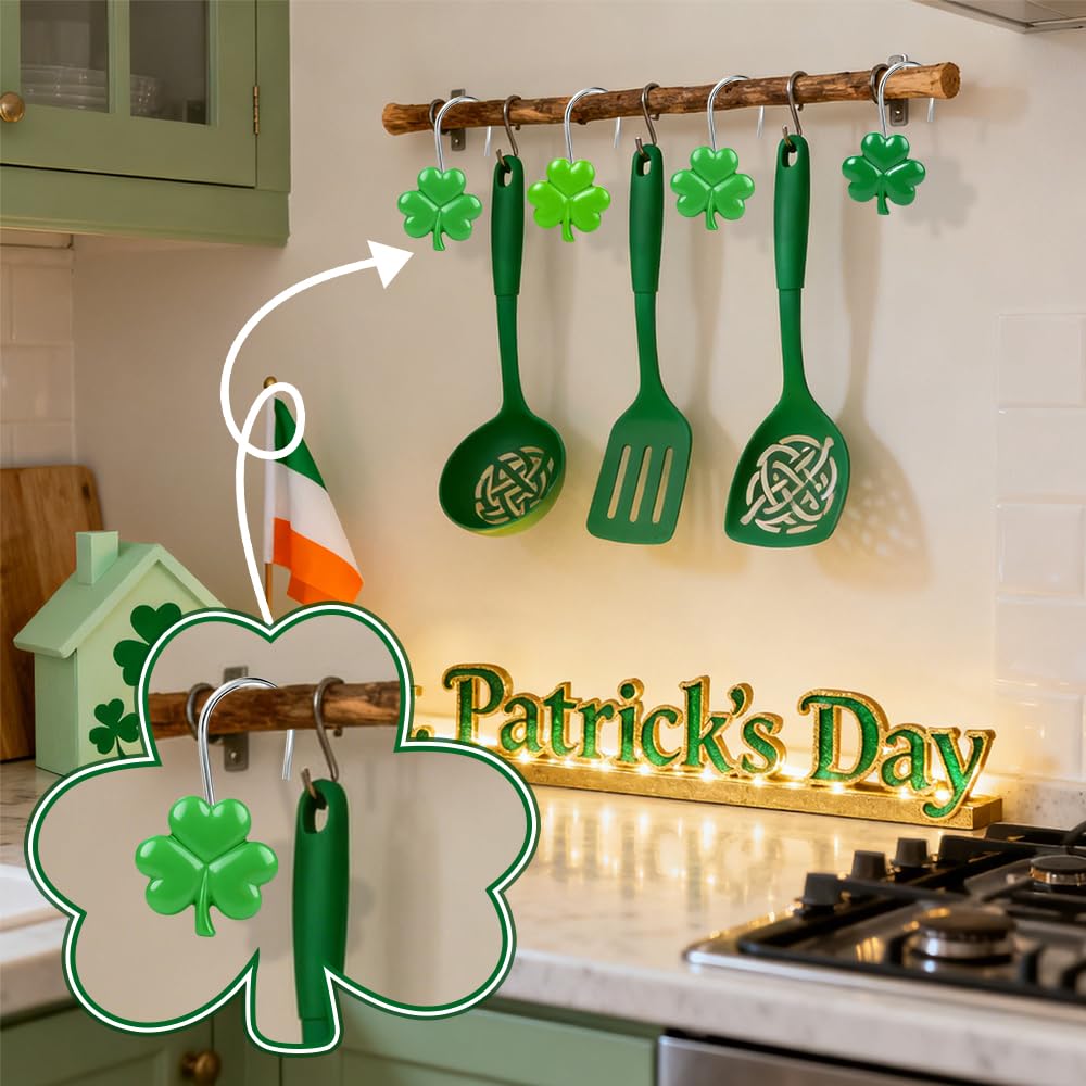 BAISDY 12pcs St Patricks Day Shower Curtain Hooks Irish Shamrock Curtain Rod Rings Curtain Hanger Hooks
