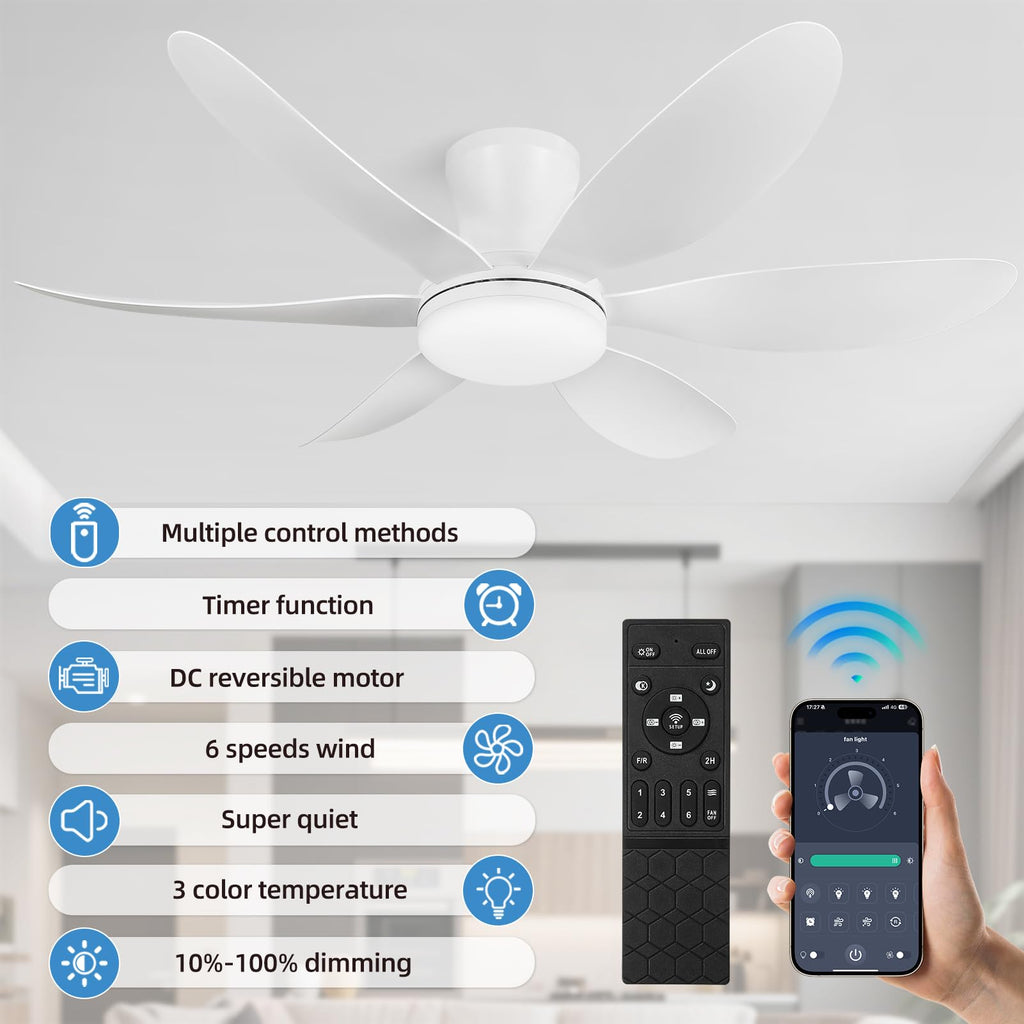 RIENAZA 42" Ceiling Fans with Lights-Low Profile Ceiling Fan with Light and Remote Control,Flush Mount,DC Reversible,LED Dimmable Modern Ceiling Fans for Bedroom,Indoor/Outdoor Patio Use(White)