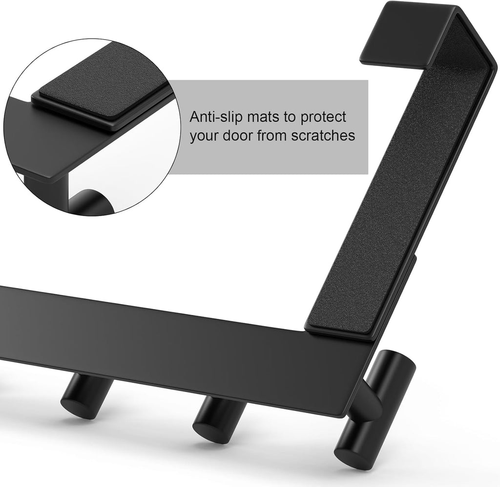 PMMASTO Over The Door Hooks - Coat Rack Organizer & Towel Holder for Bathroom | Black 5 T-Hooks, Fits 1-3/4" Thick Door