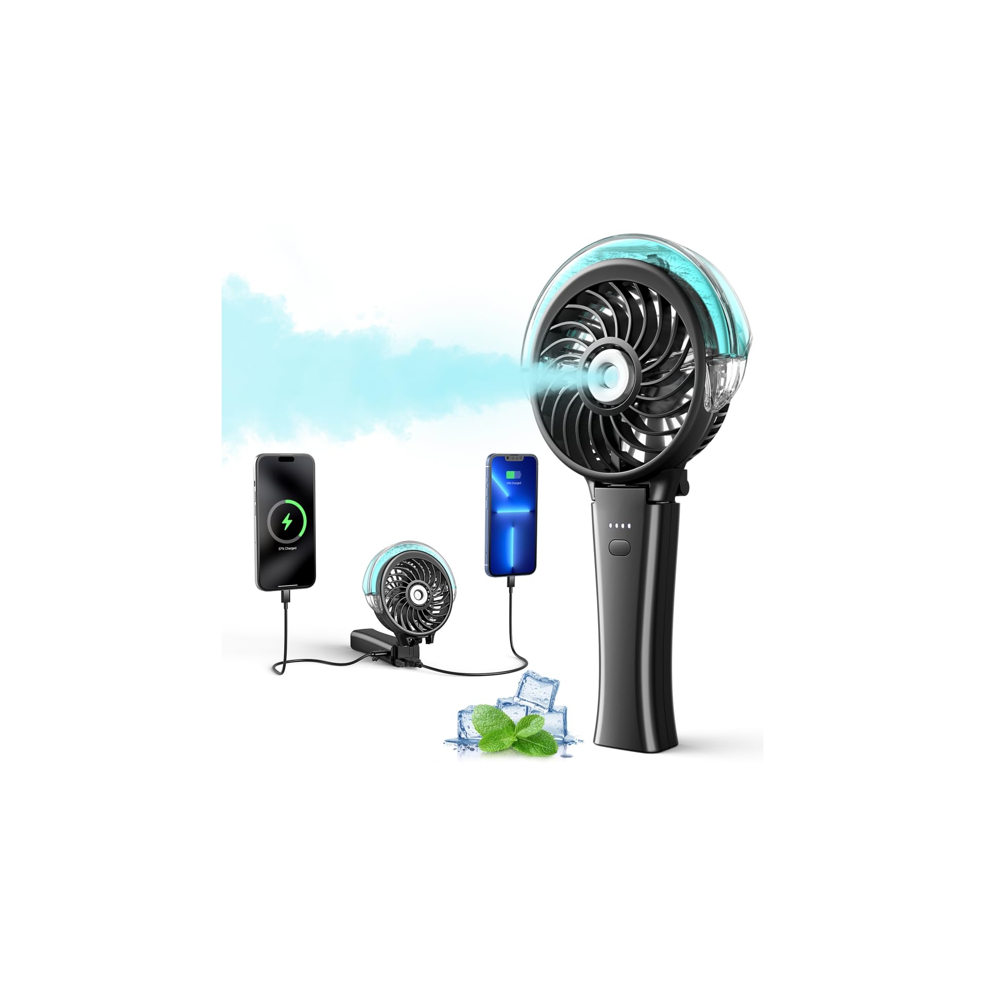 WITHOUSE 6000mAh Portable Handheld Misting Fan as Backup Power, 50ml XL Water Tank, 20H Runtime 3 Speeds, 180° Foldable Rechargeable Mist Fan for Travel, Outdoors, Makeup - Black