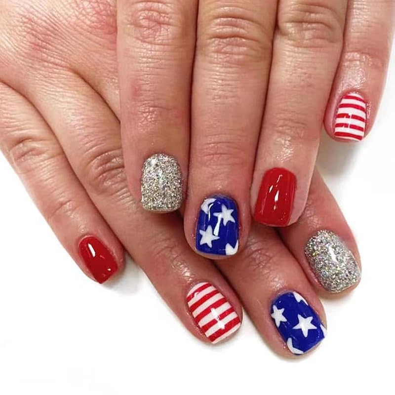 4th of July Press on Nails Short Square Blue Star False Nails