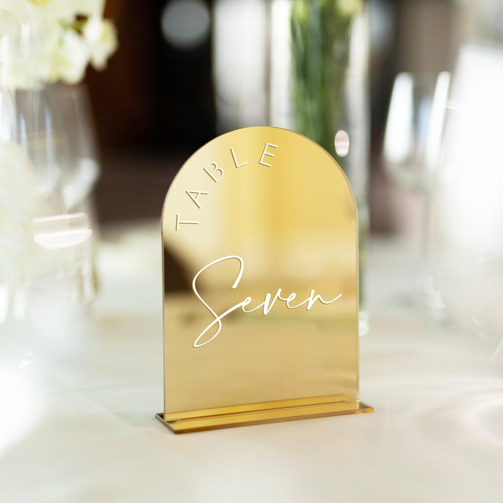 Gold Mirror Arch Wedding Table Numbers 1-20 with Stands, 5x7 Inch Acrylic Arch Sign with Holder, Gold Arch Acrylic Table Numbers for Wedding Reception(1-20, 5"x7")