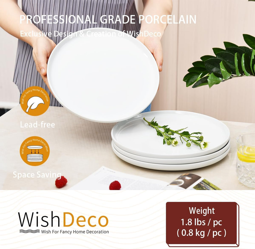 WishDeco White Dinner Plates Set of 4 - 10.5-Inch Ceramic Dining Plates | Microwave & Dishwasher Safe