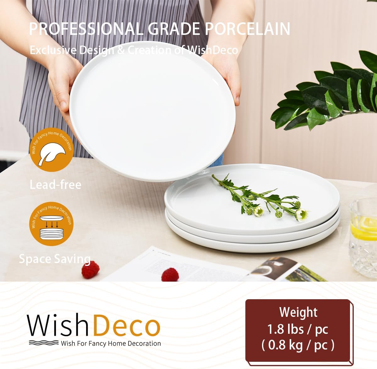 WishDeco White Dinner Plates Set of 4 - 10.5-Inch Ceramic Dining Plates | Microwave & Dishwasher Safe