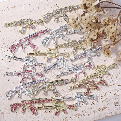 Y2K Punk Gun Nail Charms 15pcs Silver & Gold Rhinestone AK Nail Art