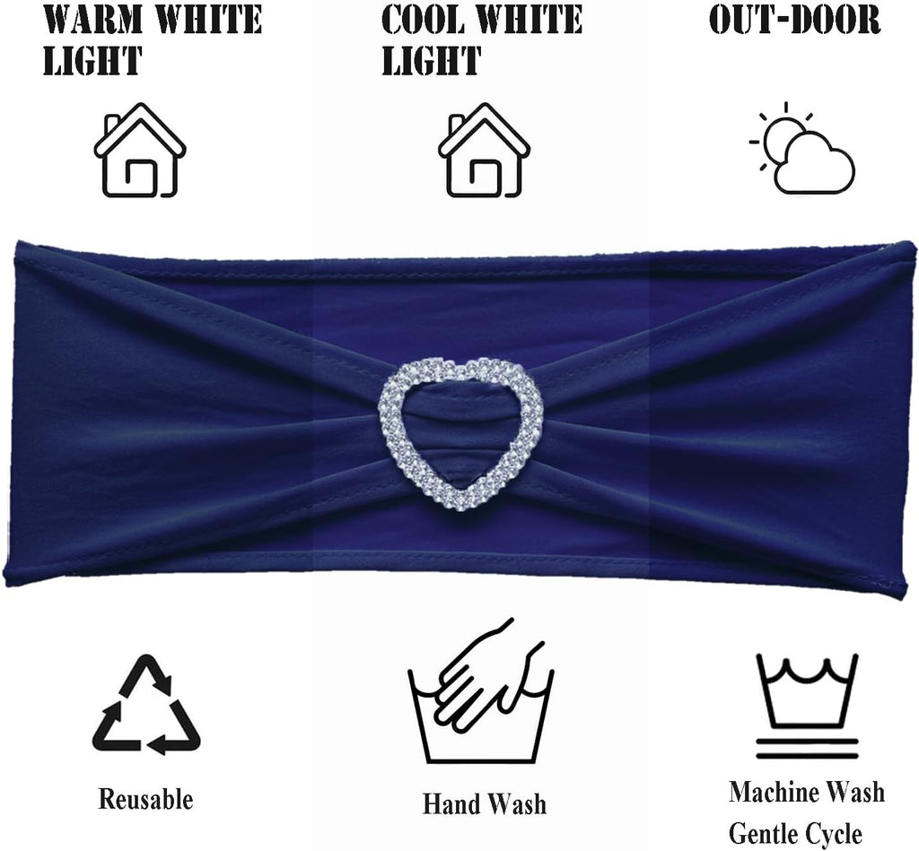 Skiennix Navy Blue Chair Sashes - 30 Pack Universal Elastic Bows with Heart Buckle for Weddings & Events
