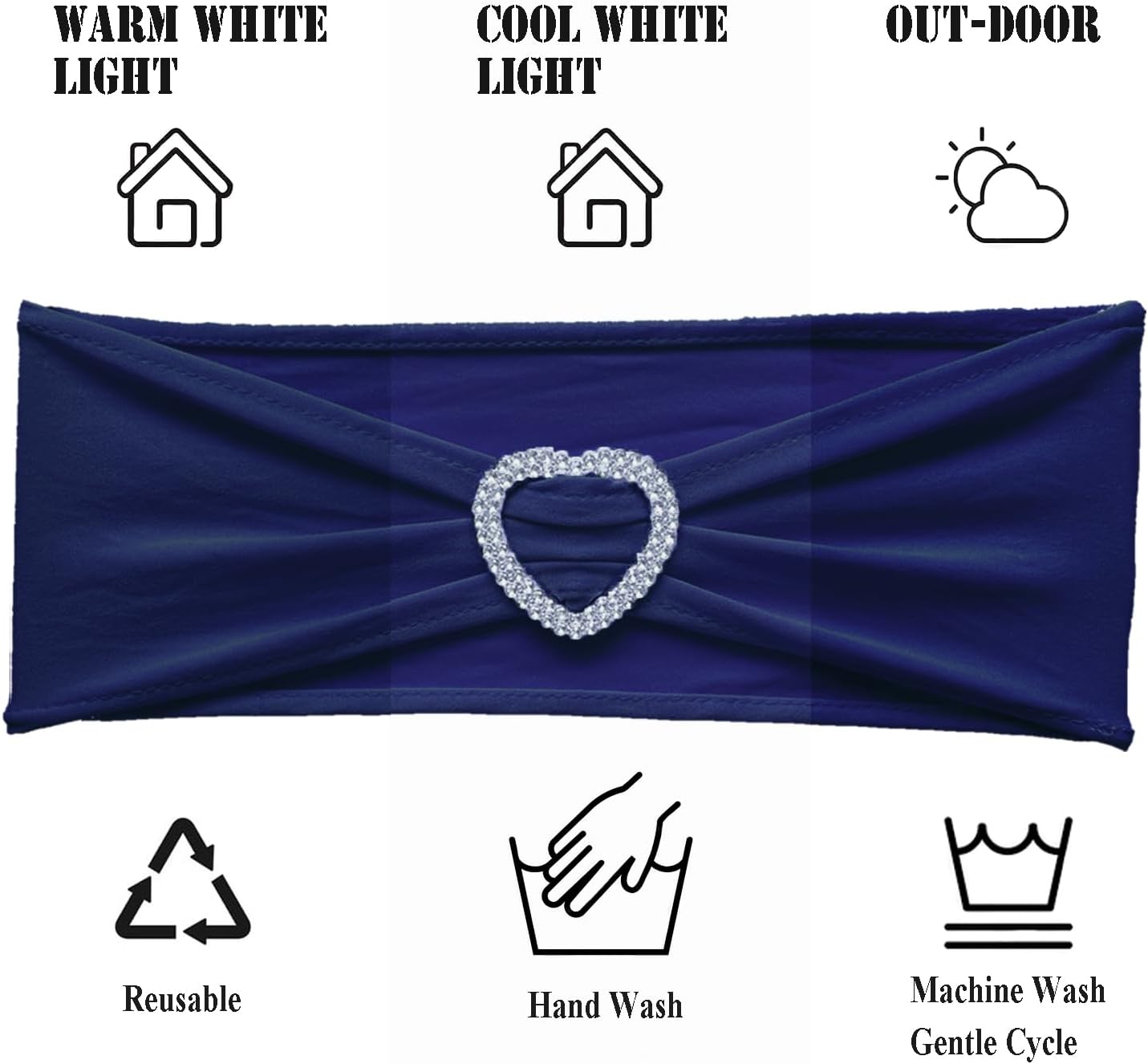 Skiennix Navy Blue Chair Sashes - 30 Pack Universal Elastic Bows with Heart Buckle for Weddings & Events