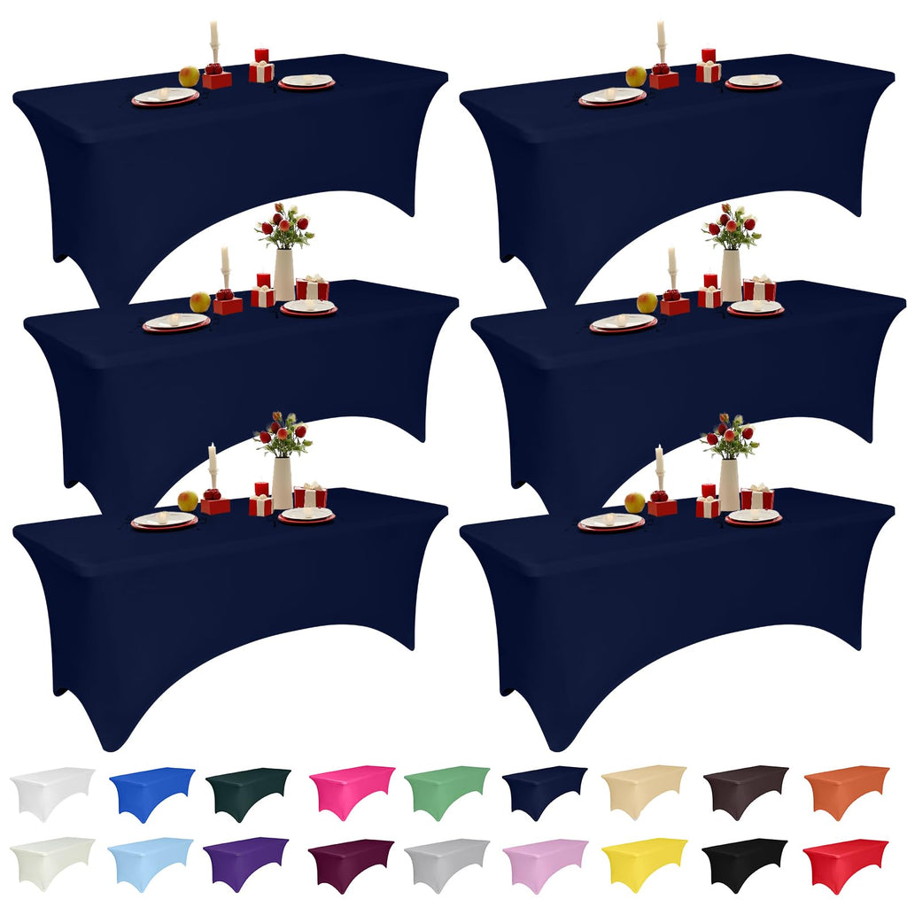 10 Pack 6 Feet Navy Spandex Tablecloth for Rectangular Tables, Fitted & Stretch, Washable, Wrinkle Resistant, Perfect for Event, Wedding, Party, Banquet, Cocktail, Festival, and Table Protector