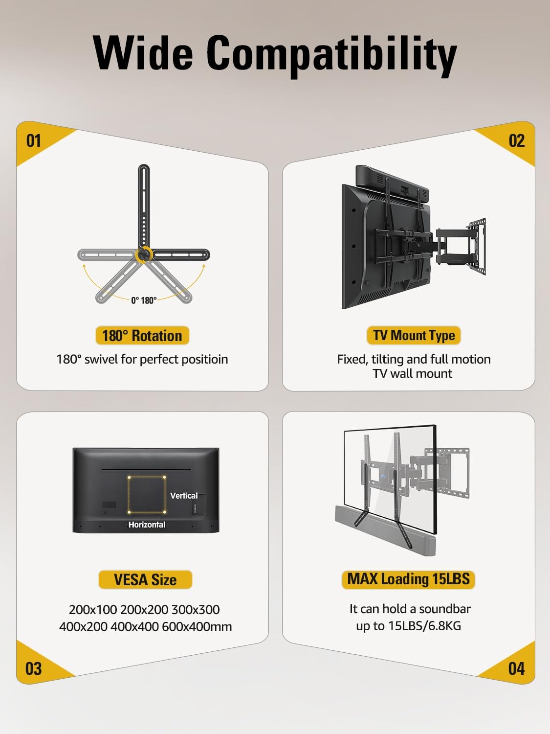 Mounting Dream Full Motion TV Wall Mount MD2380 - Fits 26-65 Inch TVs, Max VESA 400x400mm, 99 LBS Capacity | Includes Sound Bar Mount Up to 15 LBS