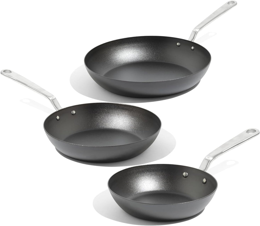Made In Cookware | 3-Piece Seasoned Blue Carbon Steel Frying Pan Set - Induction Compatible | Professional Quality