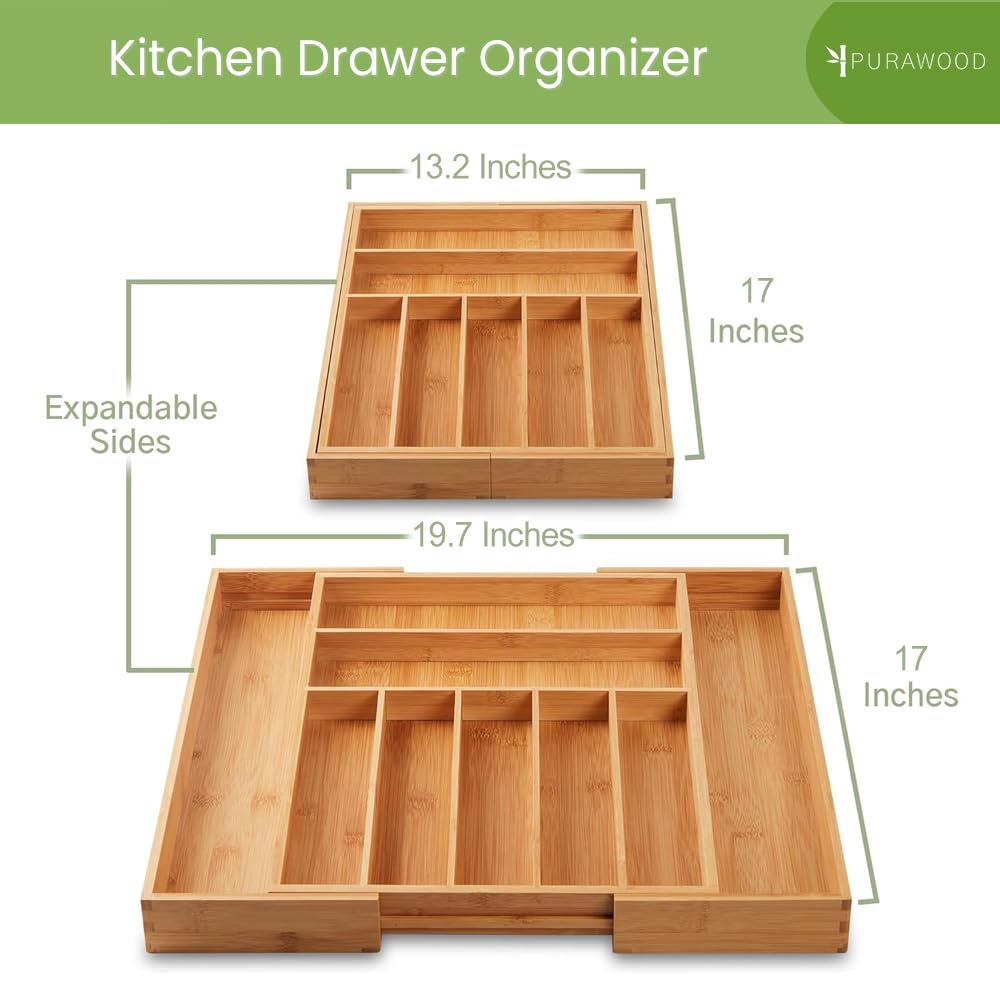 Bamboo Drawer Organizer, 2 Pack - Expandable Silverware Organizer & Utensil Drawer Organizer, Cutlery Tray with Dividers, 7-9 Slots- Premium Kitchen Organizer for Utensils & Flatware (Natural)