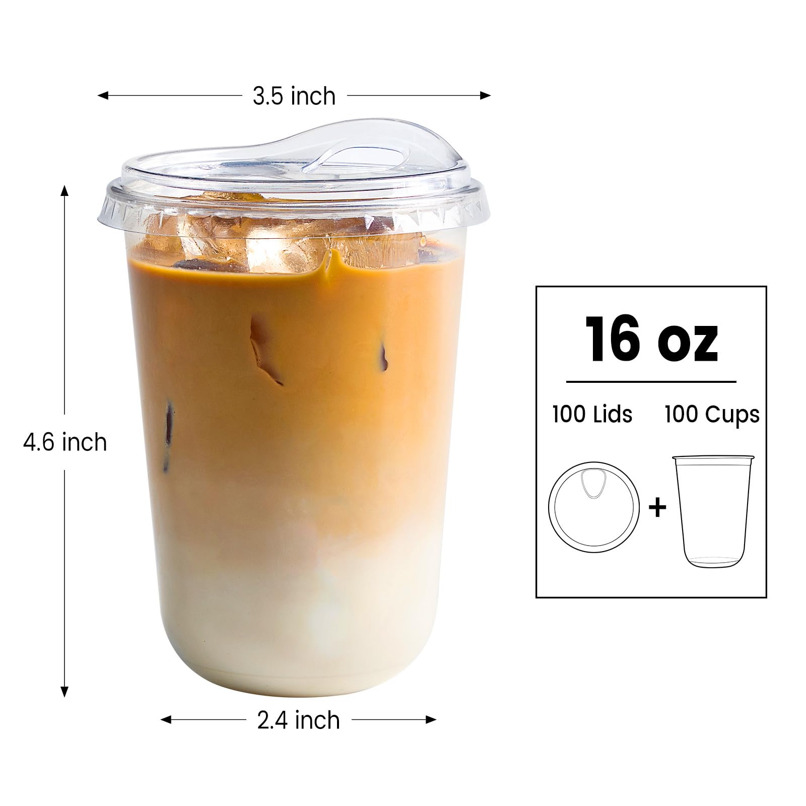 Jycnolm Round Bottom Clear Plastic Cups with Sip Lids, 100 Sets, 16 Oz Disposable Iced Coffee Cups with Strawless Lids To Go Cold Drink Cups for Smoothies, Juices, Party Catering