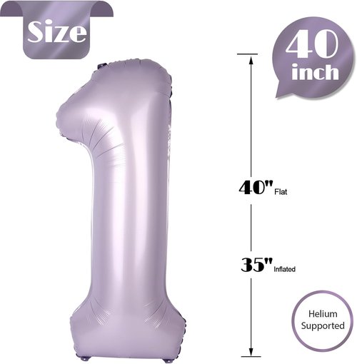 Lilac Number 1 Balloon - 40 Inch Shiny First Birthday Decoration for Baby Boy/Girl
