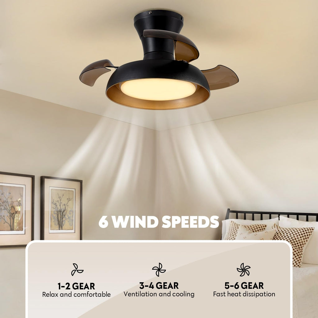 APBEAMLighting 23 Inch Black and Gold Ceiling Fan with Light and Brown Retractable Blades Small Led Light Fixture Ceiling Modern Fandelier Fan Lights Cei ling Fixtures for Bedroom Dining Room Kitchen