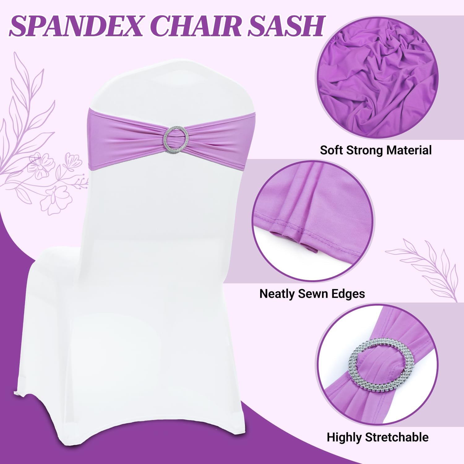 MDS Premium Stretch Chair Sashes - Pack of 100 Elastic Covers with Buckle Slider | Light Purple