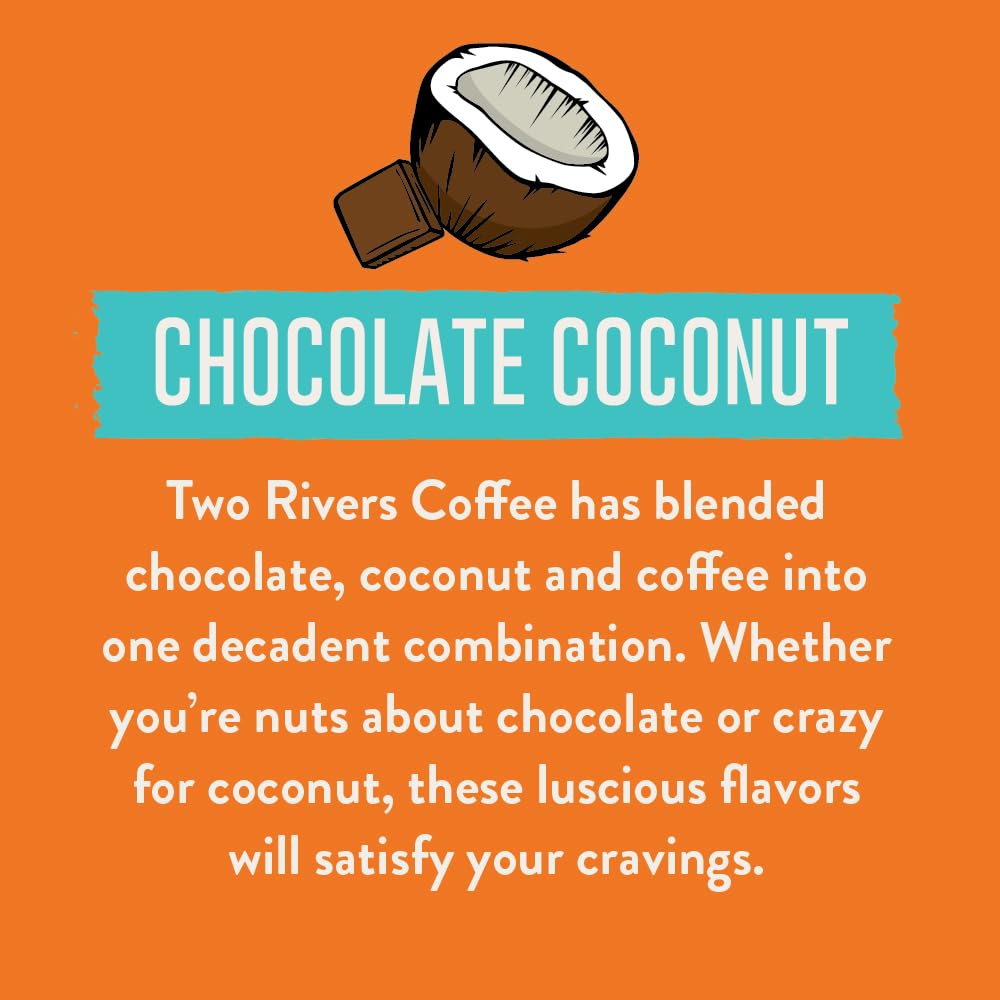 Two Rivers Coffee Chocolate Coconut Flavored Ground Coffee, Perfectly Balanced, Always Smooth, Made with 100% Arabica Beans - Flavor Enhanced, 10 Ounce Bag