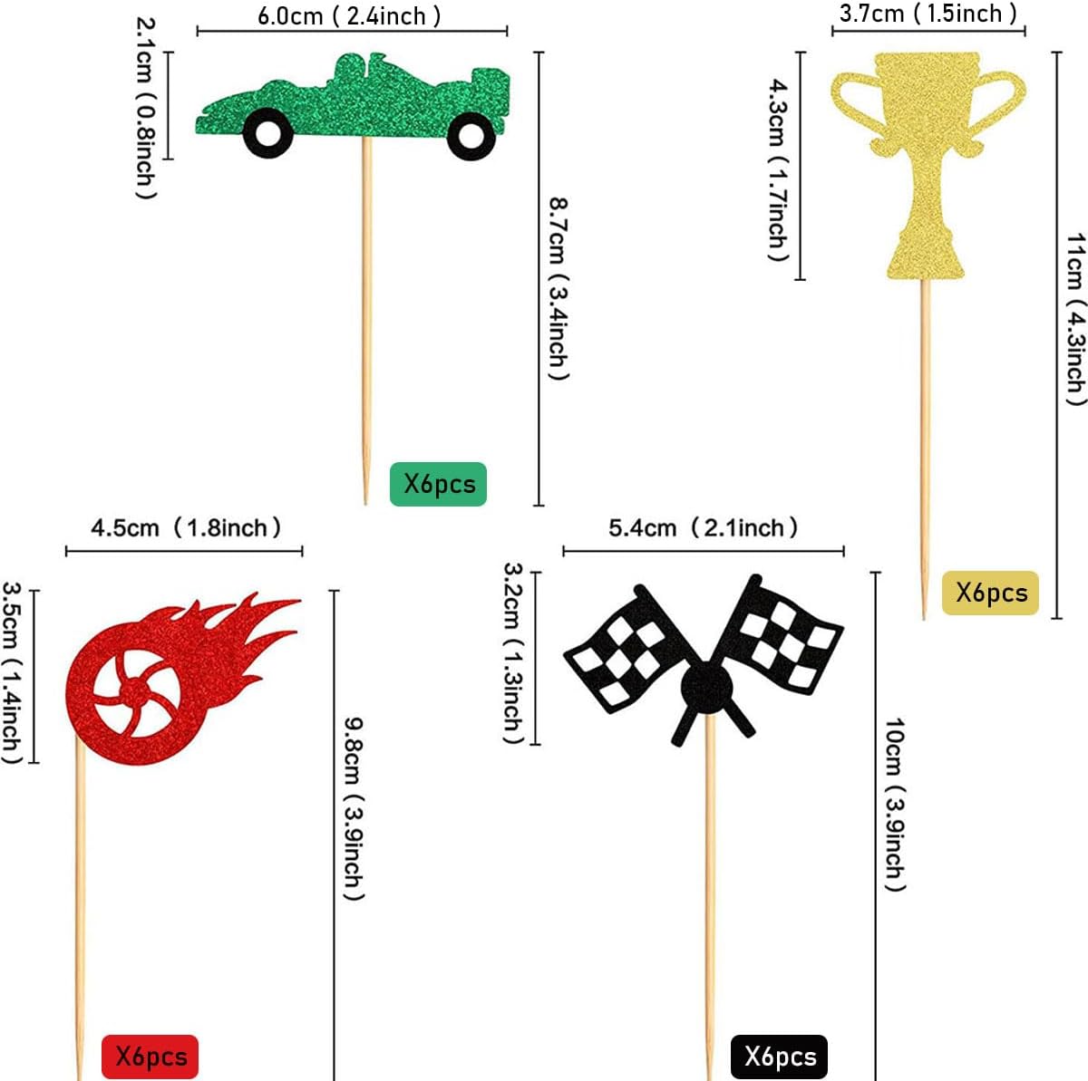 Skiennix 24Pcs Race Car Cupcake Toppers - Glitter Trophy Flags & Wheels for Racing Theme Parties