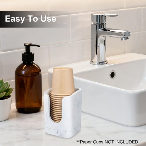 PENGARO Bathroom Cup Dispenser, Dixie Cup Holder 3-5oz Disposable Paper Cup Holder for Bathroom Cotton Pad Container, Guest Bathroom Essentials, Marble White
