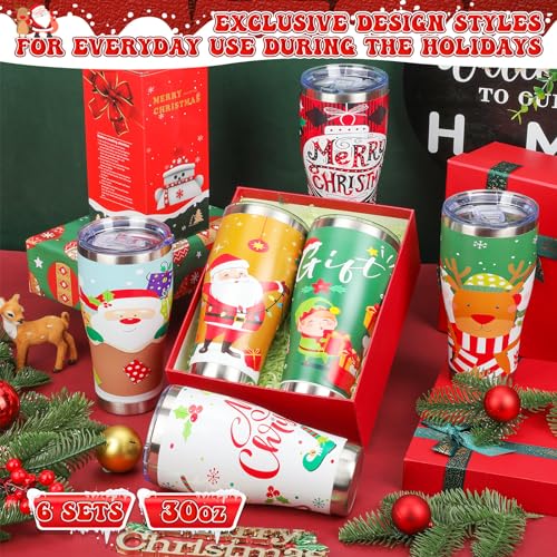 6 Pack Christmas 30oz Stainless Steel Tumblers with Lids & Straws - Classic Designs