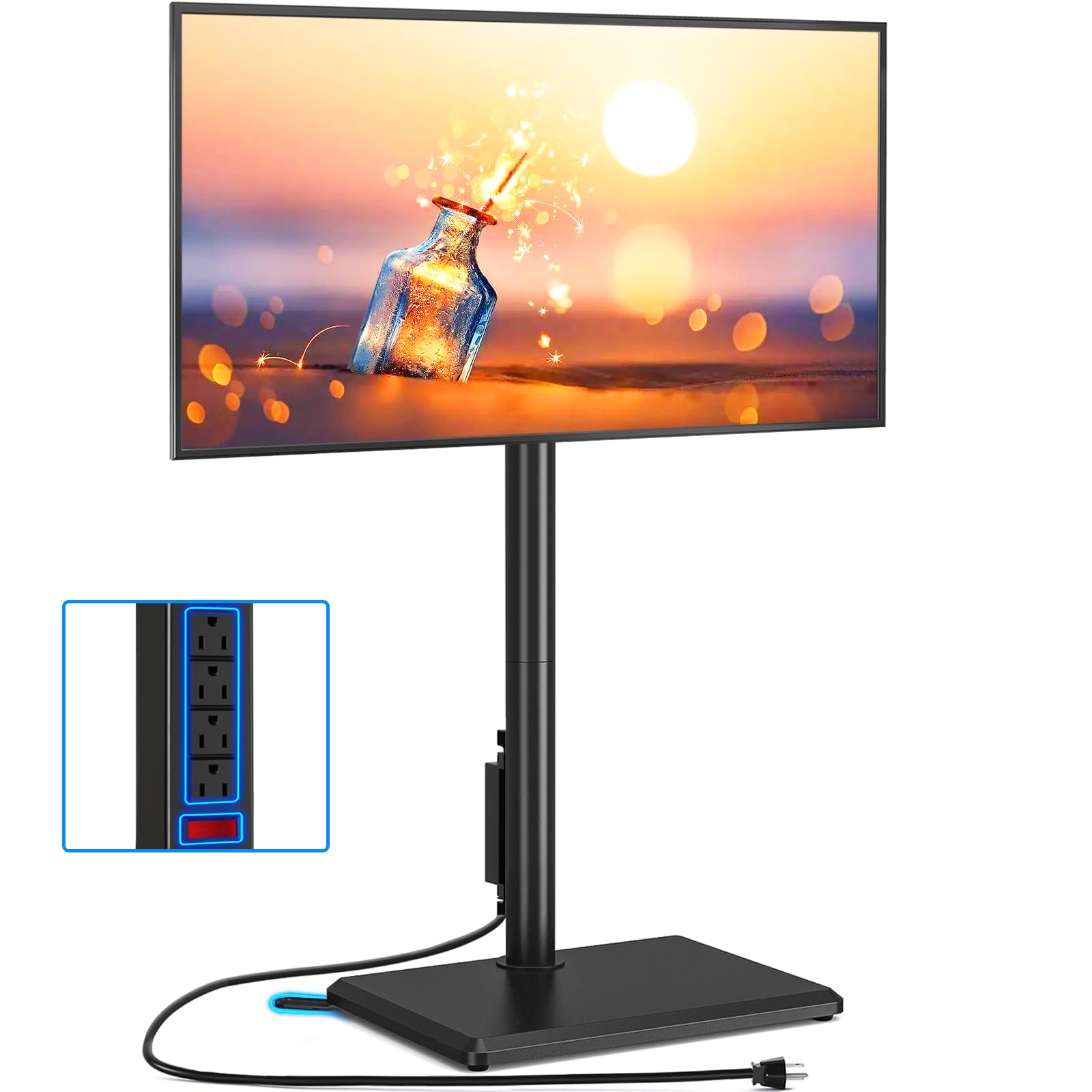 Rfiver Swivel Floor TV Stand with Power Outlet for 32-60 inch TVs, Height Adjustable Tall TV Stand with Wood Base, Hold Up to 88lbs, Saving Space Design for Bedroom, Living Room and Corner
