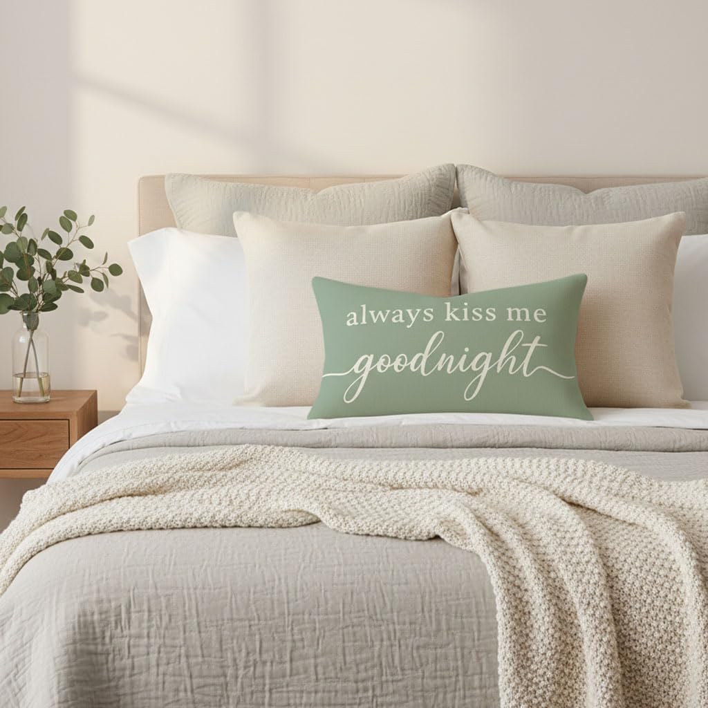 HERHOME Decorative Throw Pillow Cover 12x20 Inch, Always Kiss Me Goodnight Sage Green Lumbar Cushion Case for Bedroom Bed Sofa, Sweet Gifts for Couples Wedding Anniversary Spring Summer Home Decor