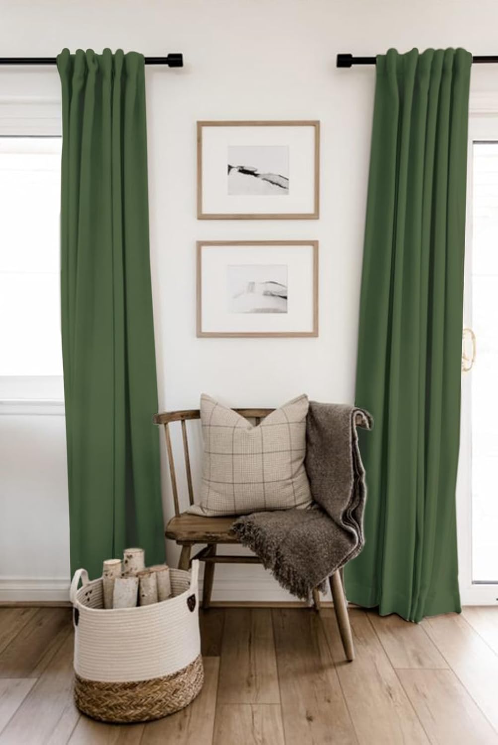 Skiennix 100% Blackout Linen Curtains - Thermal Insulated Drapes, Moss Green, 50" W x 63" L, 2 Panels Set