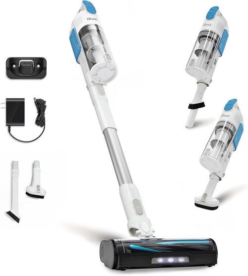 LEVOIT Cordless Stick Vacuum - Strong Suction, Anti-Tangle, LED Headlights, Removable Battery | White & Blue