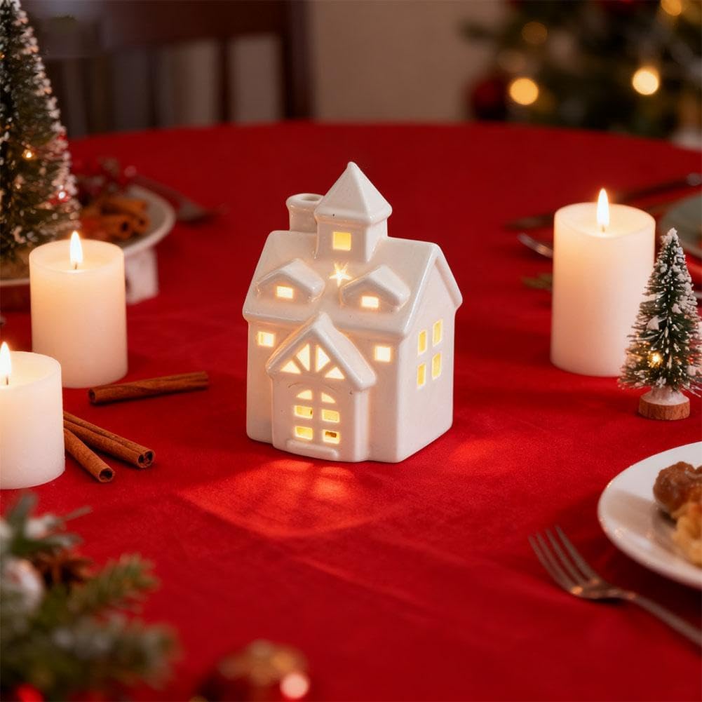 Skiennix Light Up Christmas Village House Decor - White Ceramic Tabletop Centerpiece (1 Piece)