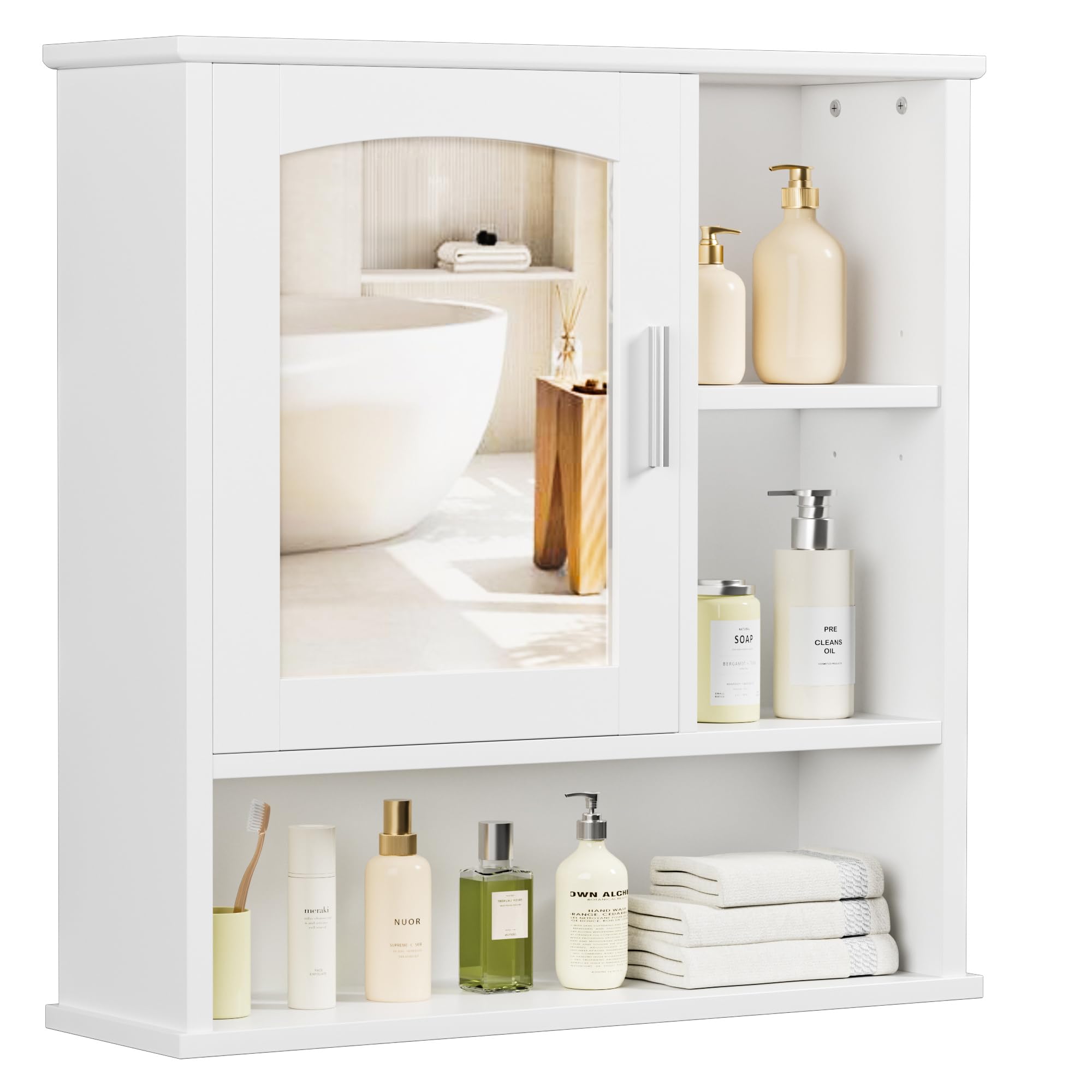 VECELO Bathroom Wall Cabinet with Mirror, Wall Mounted Medicine Cabinets with Door and 3 Open Shelves, Adjustable Shelf, 16.8 x 22.5 x 7.2 Inches, White