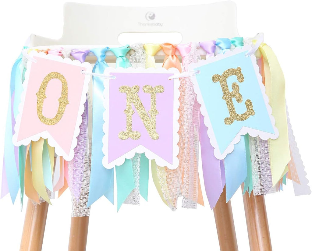 Rainbow High Chair Banner - Colorful 1st Birthday Photo Prop for Baby Girl Smash Cake