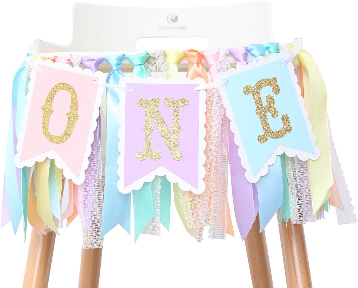 Rainbow High Chair Banner - Colorful 1st Birthday Photo Prop for Baby Girl Smash Cake