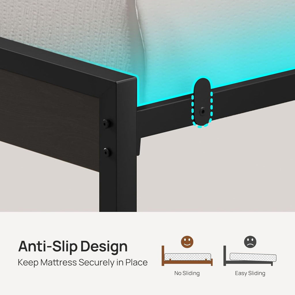 Rolanstar Full Size Bed Frame - USB Charging Station & LED Wood Storage Headboard - Black Metal Design