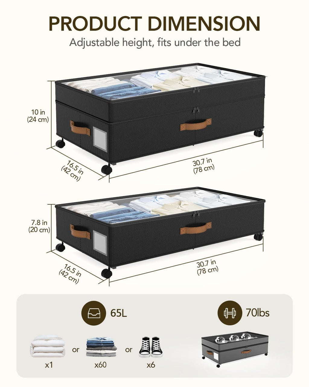 Megapuxin Under Bed Storage with Wheels, 10 inches Under Bed Storage Containers, 65L XXL Large Adjustable Underbed with Lids, Rolling Underbed Storage bins for Shoes, Clothes, Blankets, Black
