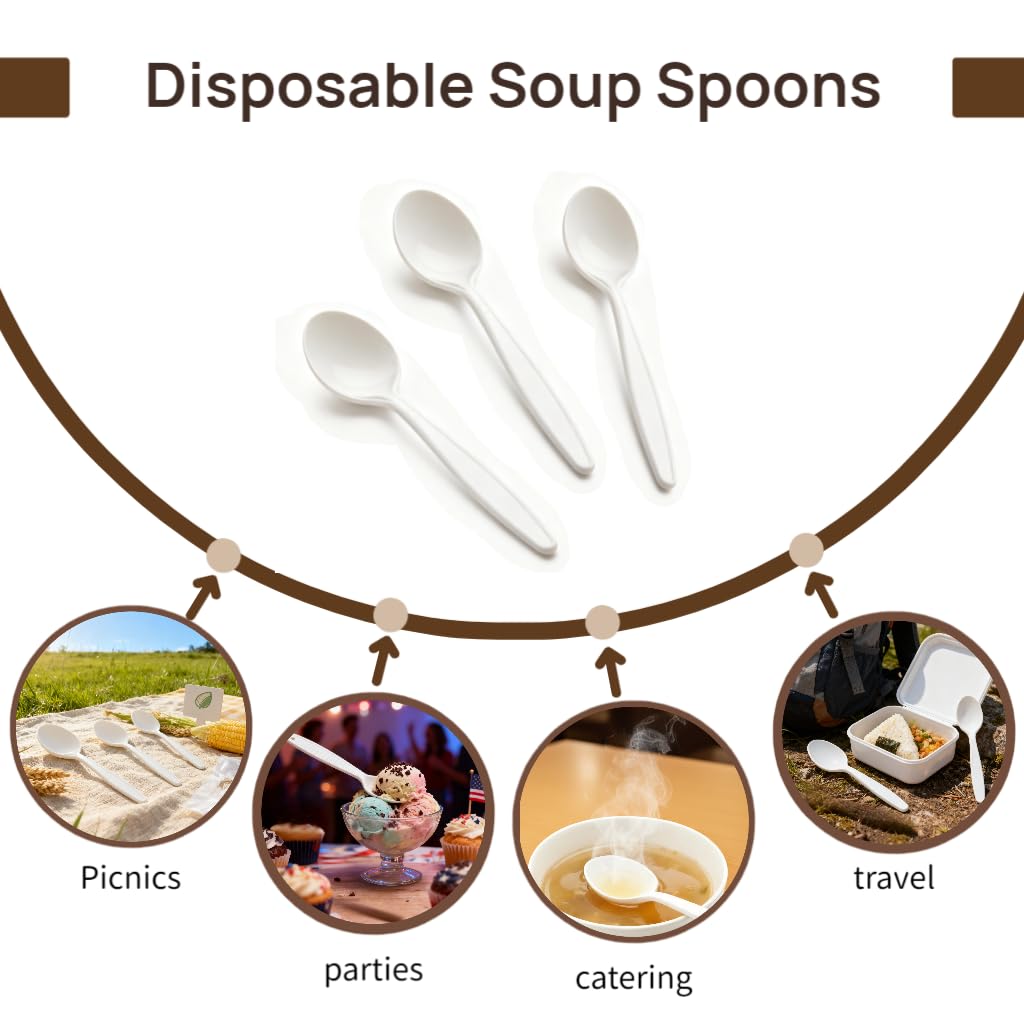 Yoaier Eco-Friendly 6" Disposable Soup Spoons - 100 Pack Heavy Duty Plant-Based Cutlery, Extra-Length Cornstarch Spoons for Hot Soup, Ice Cream, Chili,Para Pozole,Parties (Ivory)