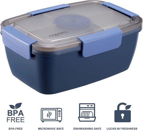 Caperci Large Salad Container Bowl - 68 oz Bento Lunch Box with 5 Compartments & 2 Sauce Cups | Stackable, BPA-Free (Navy)