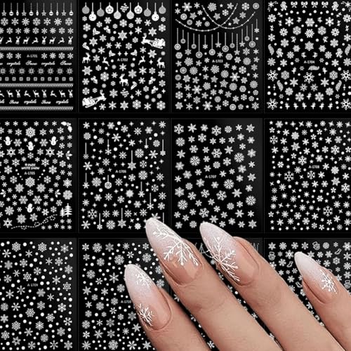 Christmas Nail Stickers 12 Sheets 3D Self-Adhesive Winter Snowflake Elk Decals