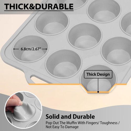 Vnray 3Pcs Silicone Muffin Pan 6, 12 and 24 Cup with Metal Frame, Non Stick Jumbo Cupcake Pan with Handles, BPA Free Silicon Mini Muffin Tin Regular Tray For Baking,Egg Bites,Mold Light Grey