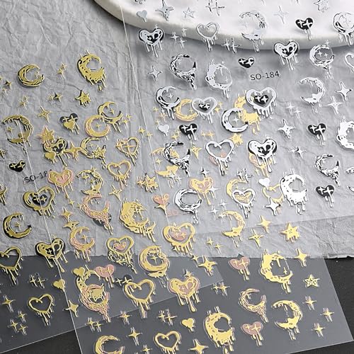 Gold & Silver Heart Moon Star Nail Stickers 3D Self-Adhesive Decals